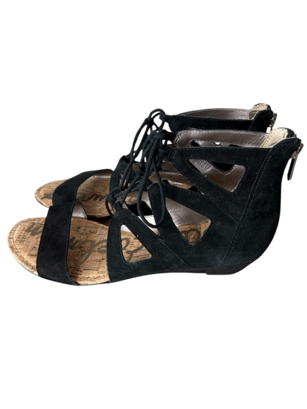 SAM EDELMAN Black Suede Dean Gladiator Sandals Lace Up Cork Zipper Size 7 - Picture 2 of 12
